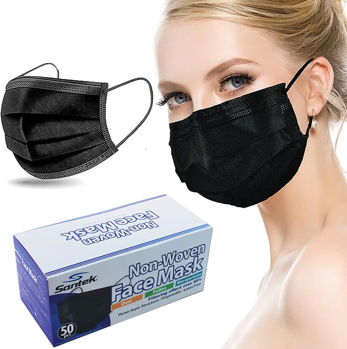 SantekBlack 50+ SPF UV Face Masks for Sun Protection — 3-Ply Filter, ASTM Level 2, Non-Woven, Breathable & Comfortable Disposable Masks for Men & Women, 50 Pcs (1 Box)