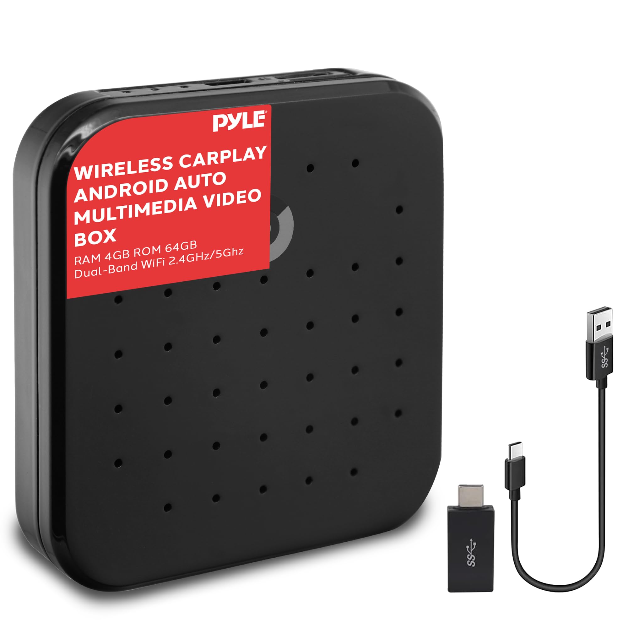 Photo 1 of Pyle Wireless Carplay iA Box, 4GB RAM 64GB ROM, 2.4GHz, 5GHz Dual Band WiFi BT Octa Core 64Bits D, 4K Full HD, H.265, USB3.0 Android Box, Screen Mirroring, Install Android Apps - PAS22BK