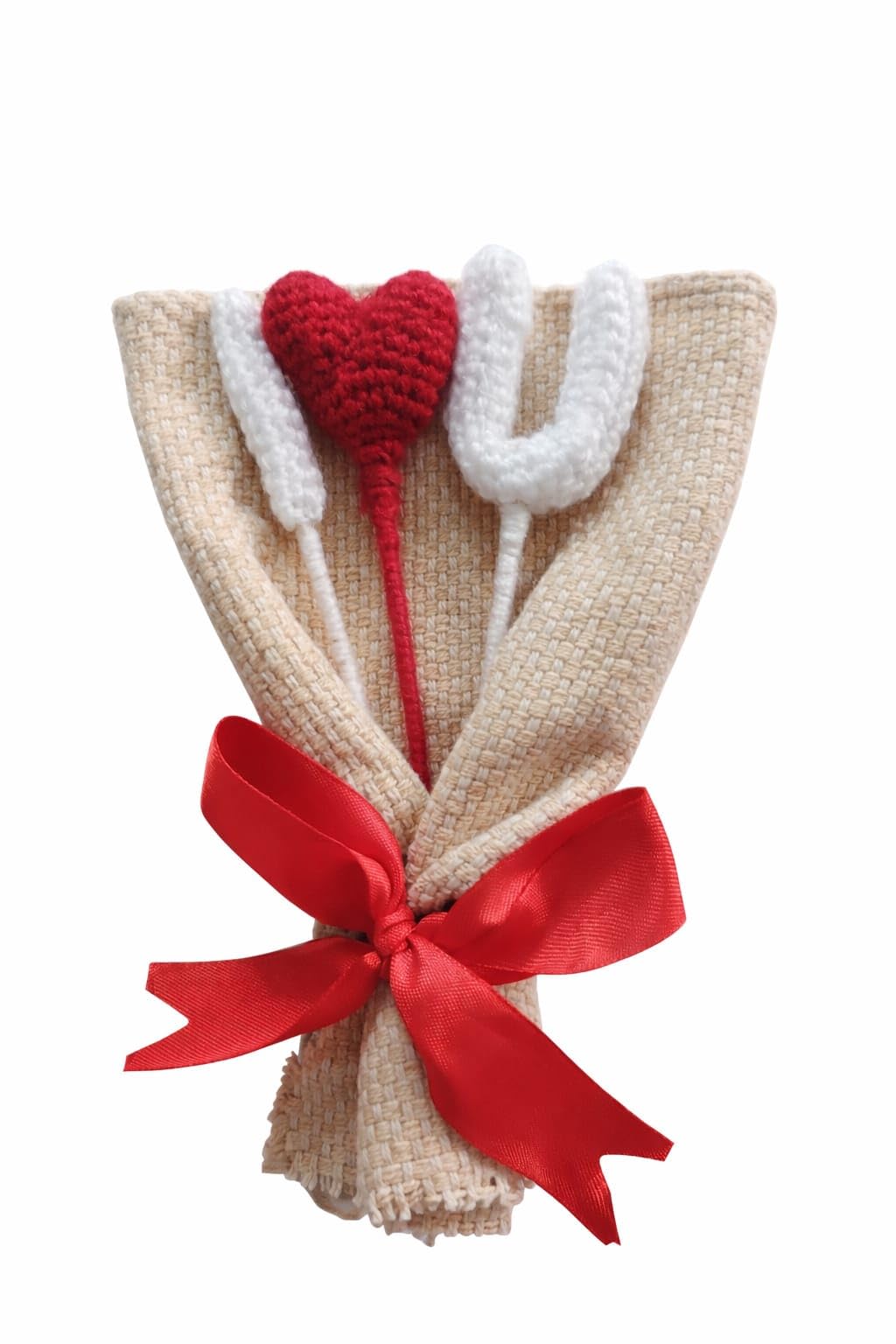 Handmade Crochet I Love You Bouquet with Red Heart, White Letters, Natural Burlap Wrap, Red Ribbon, Valentine's Day Gift