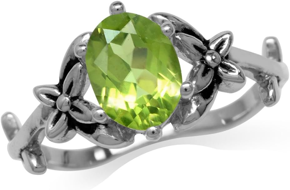 Silvershake 8X6mm Oval Shape Gemstone Antique Finishing 925 Sterling Silver Flower and Leaf Vintage Inspired Ring Jewelry for Women