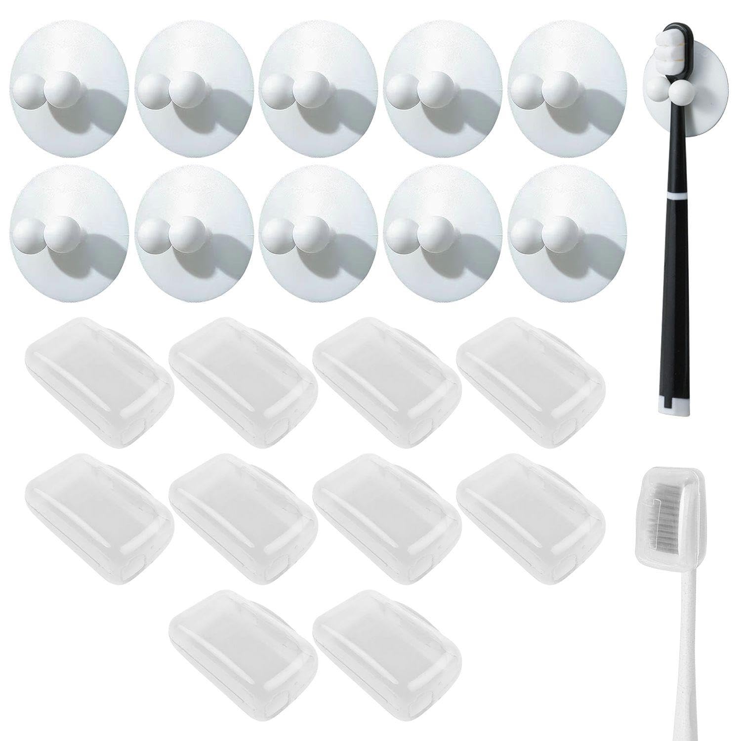 10 Toothbrush Racks, 10 Dust-Proof Toothbrush Head Protective Covers, Self-Adhesive Wall-Mounted Storage Racks, Suitable For Outdoor Travel.