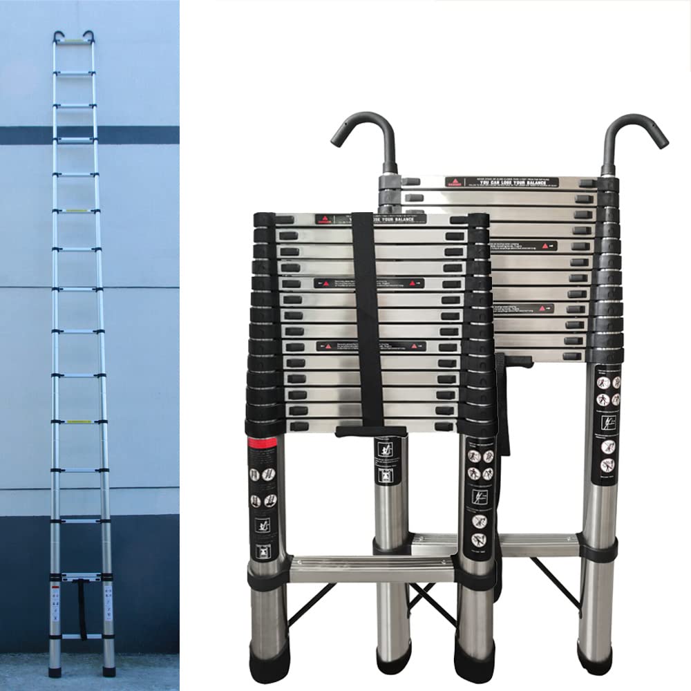 Échelle télescopique pliante en acier inoxydable - 4,4 m - Avec 2 crochets - En acier inoxydable - Antidérapante - Pour extérieur et intérieur - EN131 - Charge maximale de 150 kg