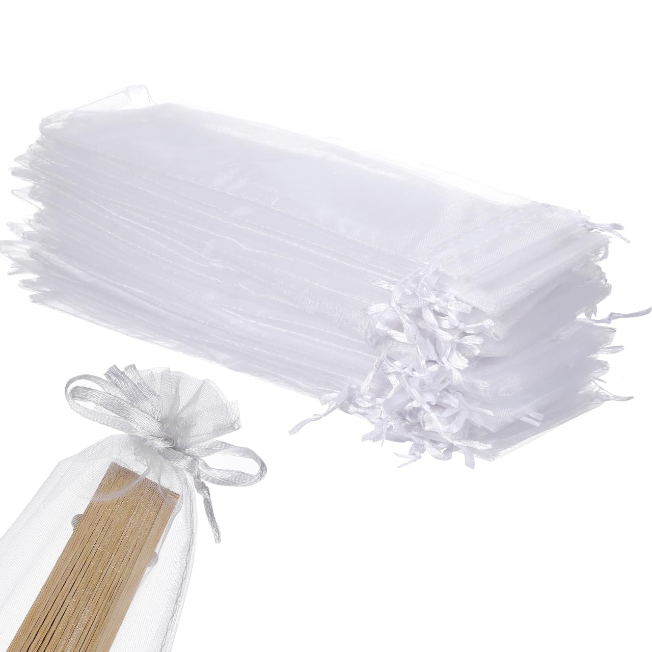 OSALADI 50 White Organza Drawstring Pouches for Folding Fans - Wedding Party Favor Bags