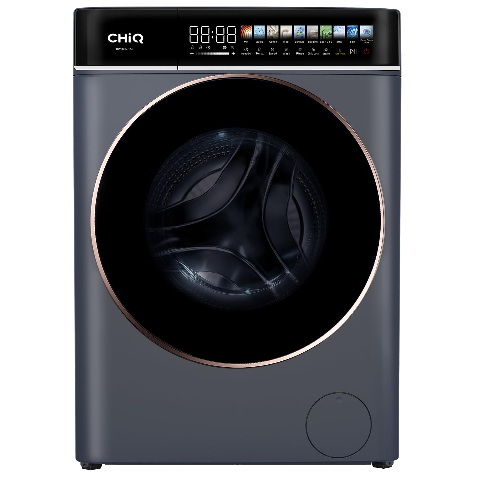 CHiQ Waschmaschine 8kg Frontlader, 1400 U/min, EEK A-15%, Touchscreen, Dampffunktion, 52cm tief, Schwarz