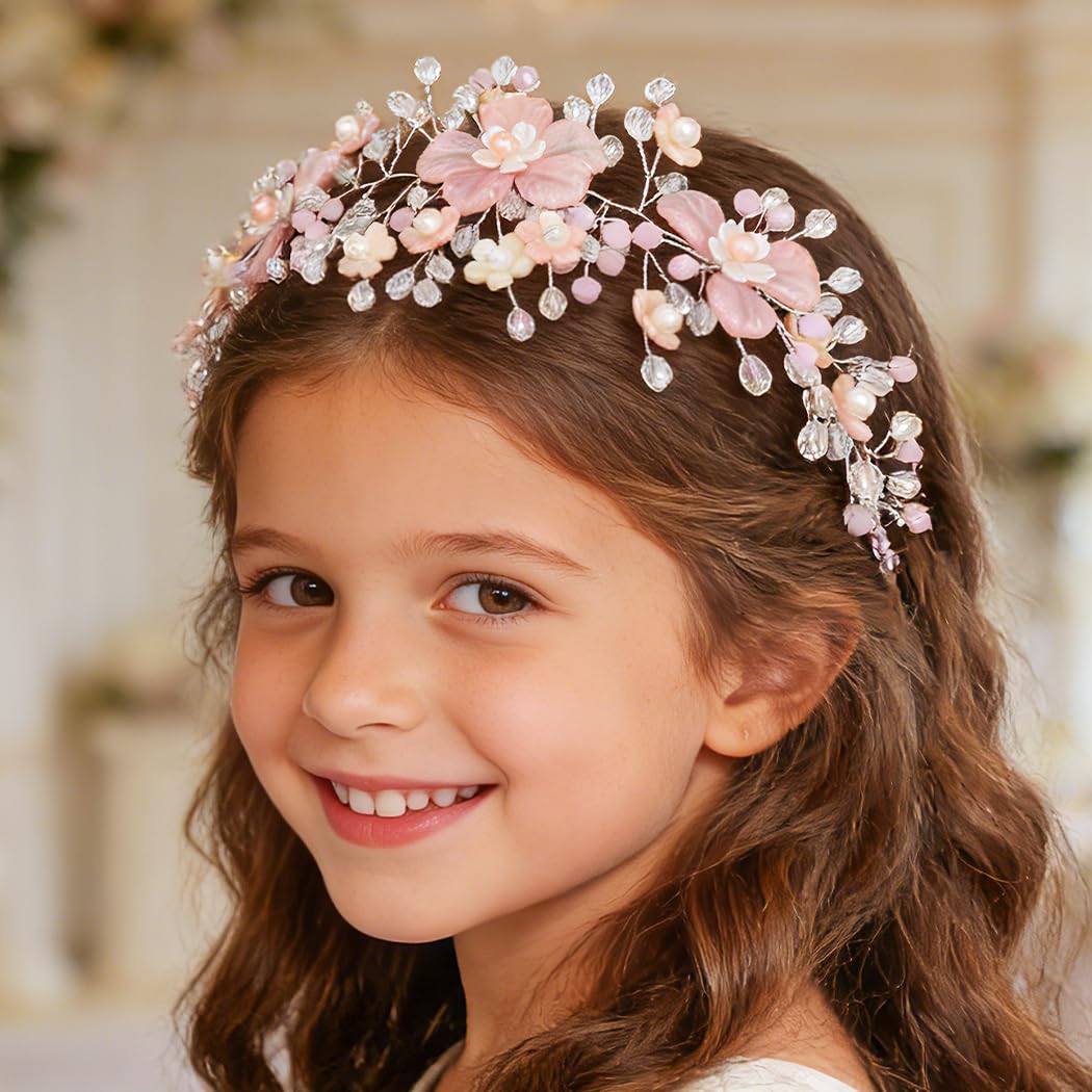 Campsis Flower Girls Hair Accessory Pink Floral Headband Crystal Wedding Bridal Headpiece for Women - Image 5