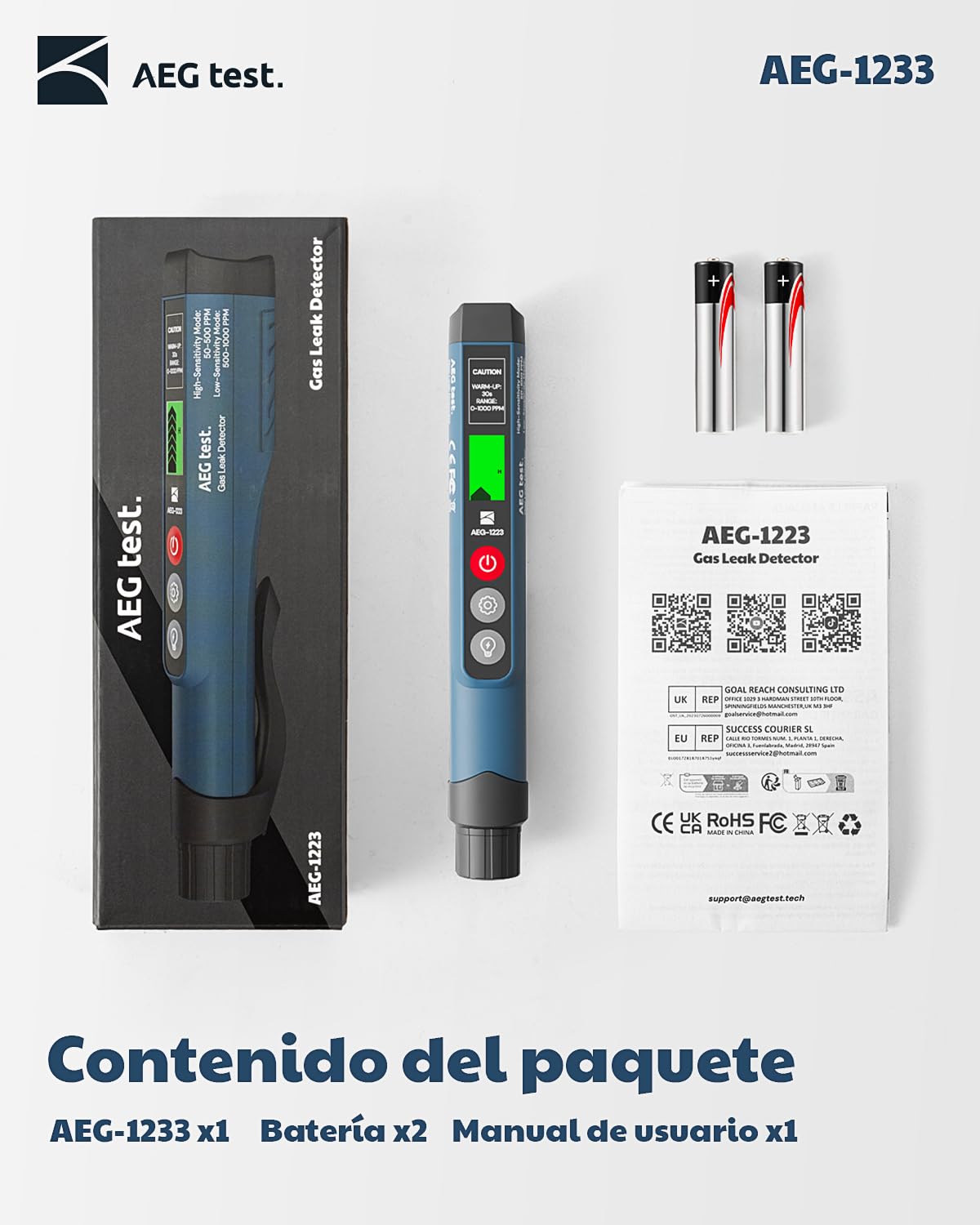 1223 Detector de Fugas de Gas con Alarma Visual y Sonora, Luz Incorporada, Detector de Gas Natural para Localizar Fugas de Gases Combustibles como Metano, Propano para el Hogar