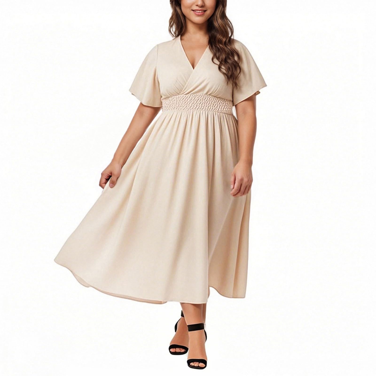 Soldes Robe Longue Femme Chic Et Elegant Robe D'Été de Plage Fluide Swing Décontractée Cocktail Club Dress Grande Taille Robes Ete Femmes Mi Longue Fluide Max Dress pour FêTe Vacances Pas Cher