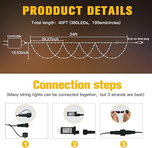 Miniatura 7 de Luces de Navidad para decoración al aire libre 380 LED de 34 pies luces de Navidad para interiores con 8 modos y enchufe extensible para techo