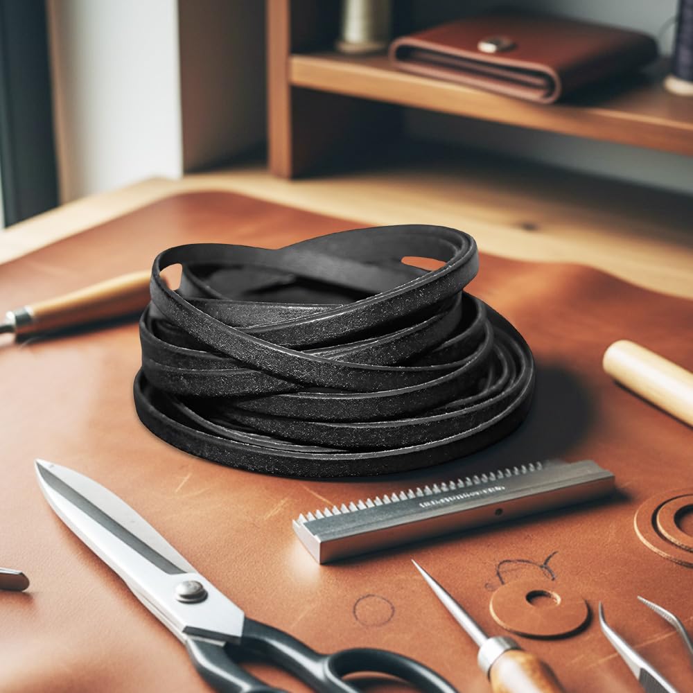 Cordino Cuoio Piatto 5 MM X 5 M,Fettuccia Cuoio Piatta,Striscia di Cuoio per Cinture,Lacci in Pelle per Borse,Cordoncino per Collane Fai Da Te per Correa, Artigianato, Braccialetti - Negro