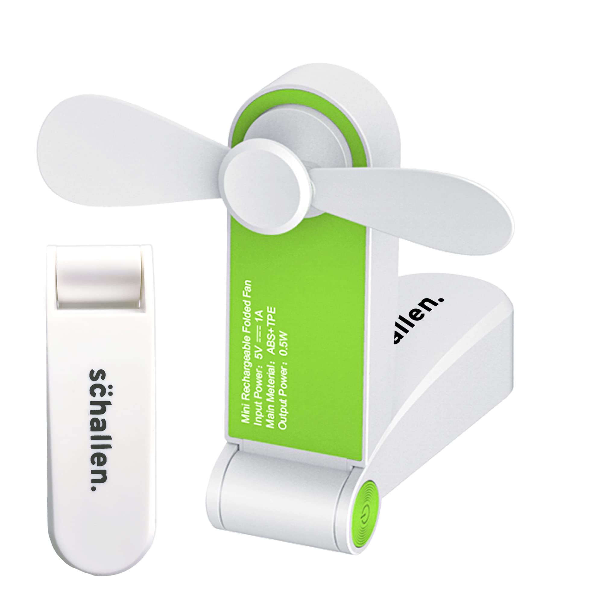 Schallen Portable Mini Folding Pocket Fan - USB Rechargeable Electric Desk Fan for Home, Office, Travel, Camping (White and Green)