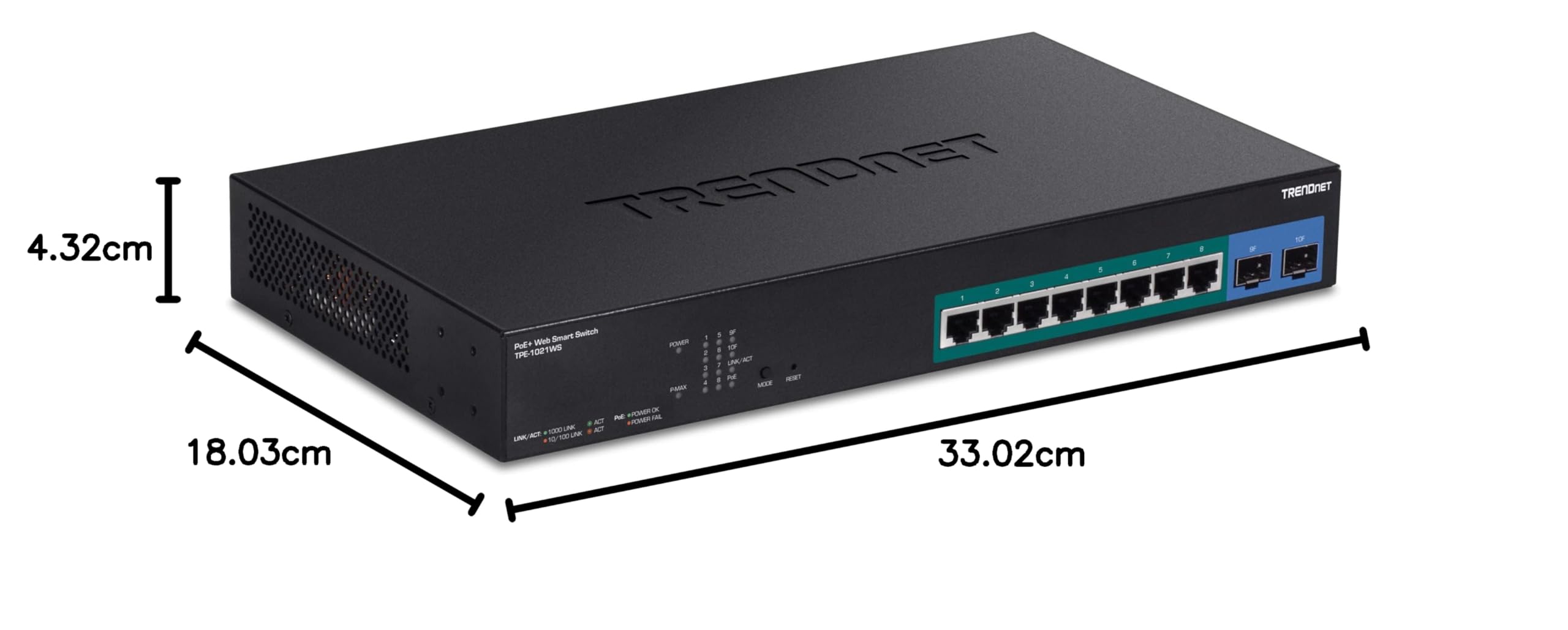 TRENDnet, TPE-1021WS, Commutateur Gigabit Web Smart PoE+ 10 Ports avec 8 Ports Gigabit PoE+, 2 emplacements SFP, Budget PoE 130 W, VLAN, QoS, LACP, routage Statique IPv4/IPv6