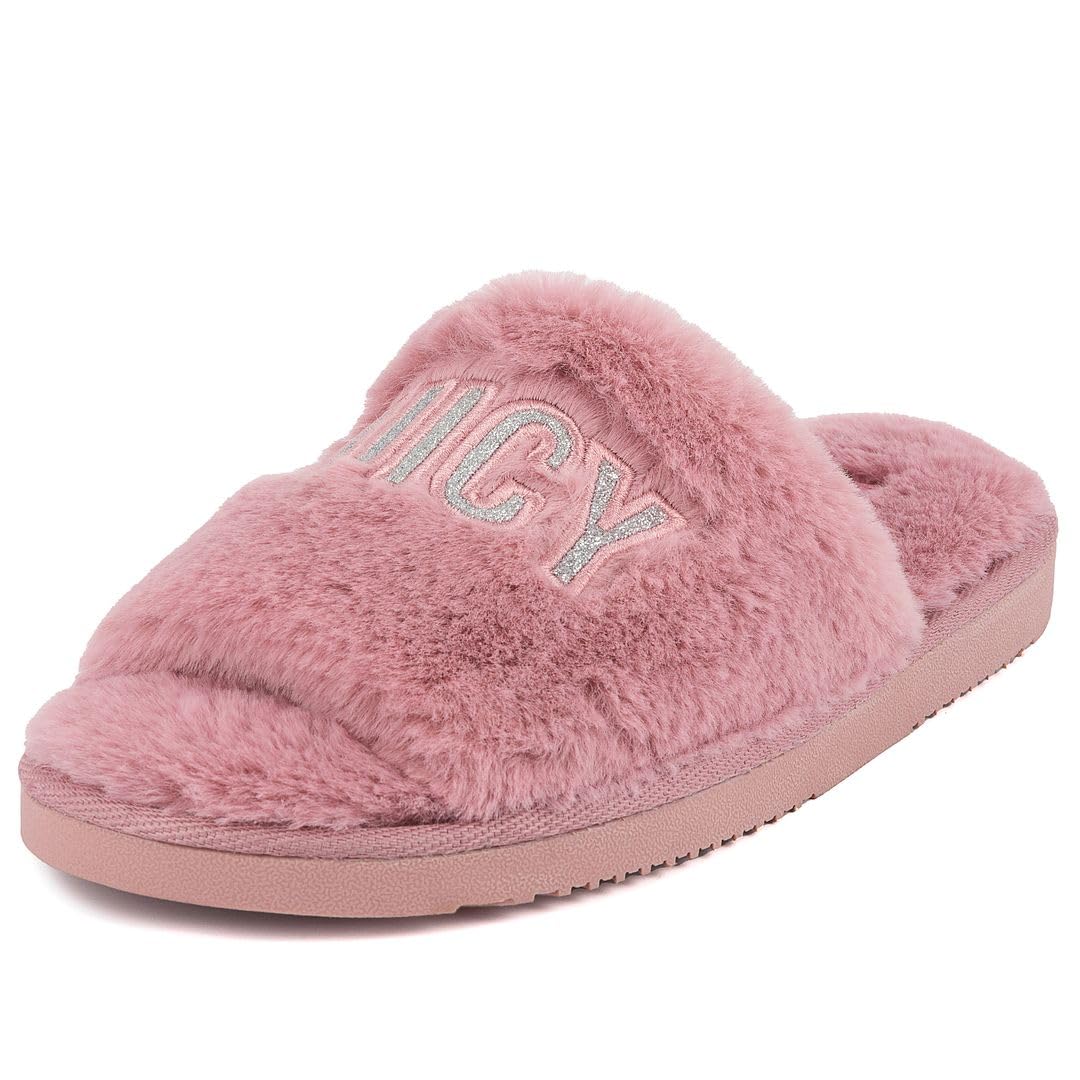 Juicy Couture Women's Faux Fur Slide Sandal Slippers, Open Toe, Comfortable Indoor Outdoor House Shoes