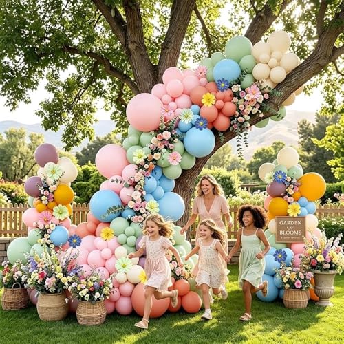 Image of Blue Green Pink Balloon Arch with Cosmos Kelsang Flowers Double Stuffed Pastel Green Purple Yellow Beige Balloons for Wildflower Baby Shower Easter Spring Tea Gender Reveal Bridal Party Decor