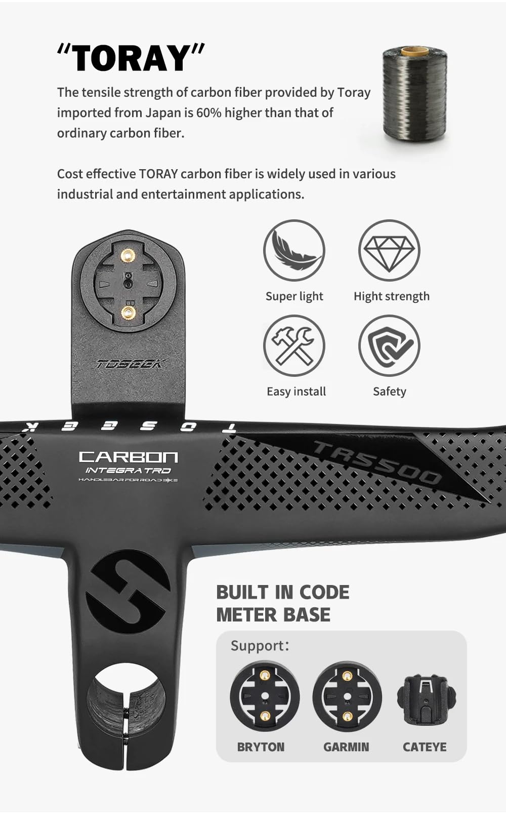 Manubrio per bici da strada in carbonio integrato, manubrio da corsa 360-440 mm, manubrio per bicicletta da strada con cavo interno, con supporto per computer per bici da strada (420 x 70 mm)