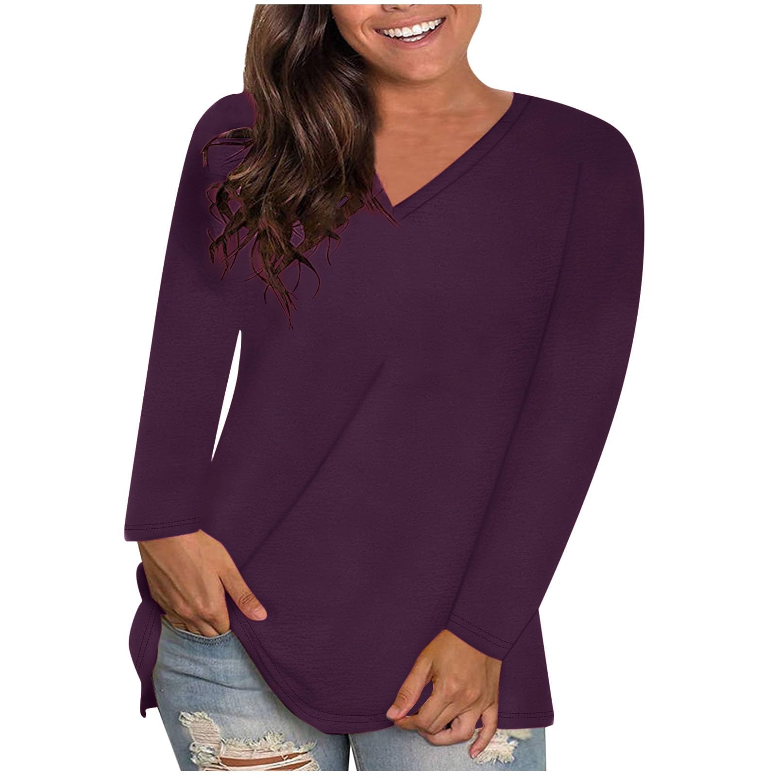 Women's Plus Size Shirts Long Sleeves V-Neck Loose Casual T-Shirts Fashion Solid Color Soft Comfy Tees Shirt Tops