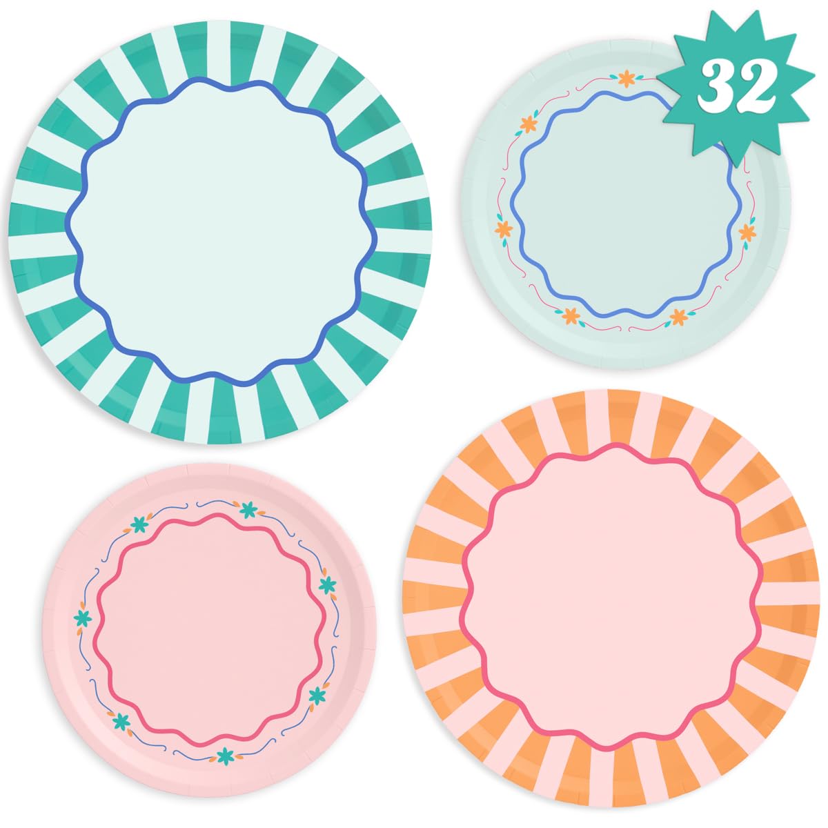 xo, Fetti Italian Summer Paper Plates - 32 pk, 16 9" plates + 16 7" plates | Bachelorette Party Decorations, Last Toast Coast, Birthday Party Supplies, Flower Baby Shower, Stripe Cake Plates