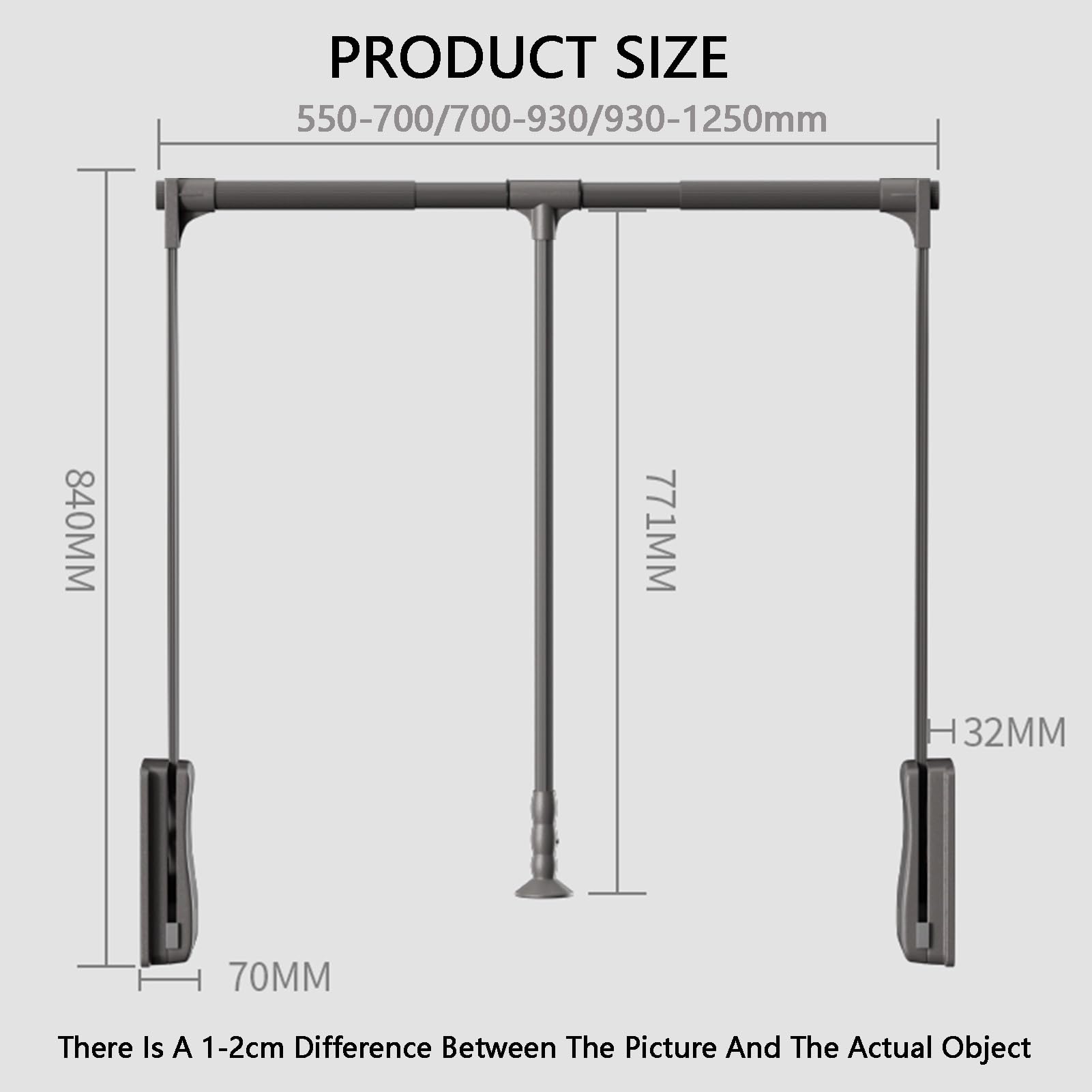Barra de Armario abatible, Percha elevable con Doble Amortiguador, Capacidad de Carga de 45 kg, Barra de Ropa de aleación de Aluminio Ajustable de 55 a 125 cm (Negro, 930-1250 mm)