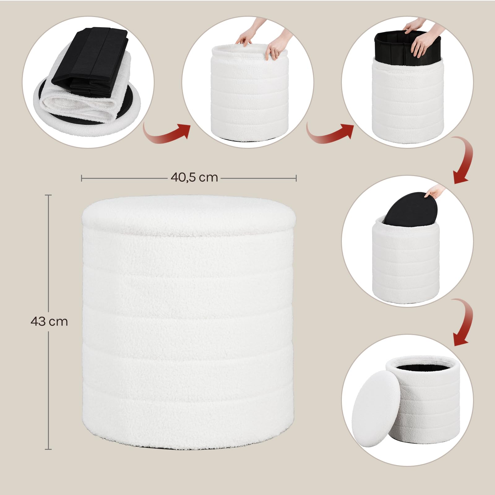 WOLTU Hocker mit Stauraum, klappbarer Sitzhocker mit abnehmbarem Deckel, runder Fußhocker aus Teddyfleece und MDF, für Wohnzimmer Schlafzimmer Flur, φ40,5 x H43 cm, Weiß