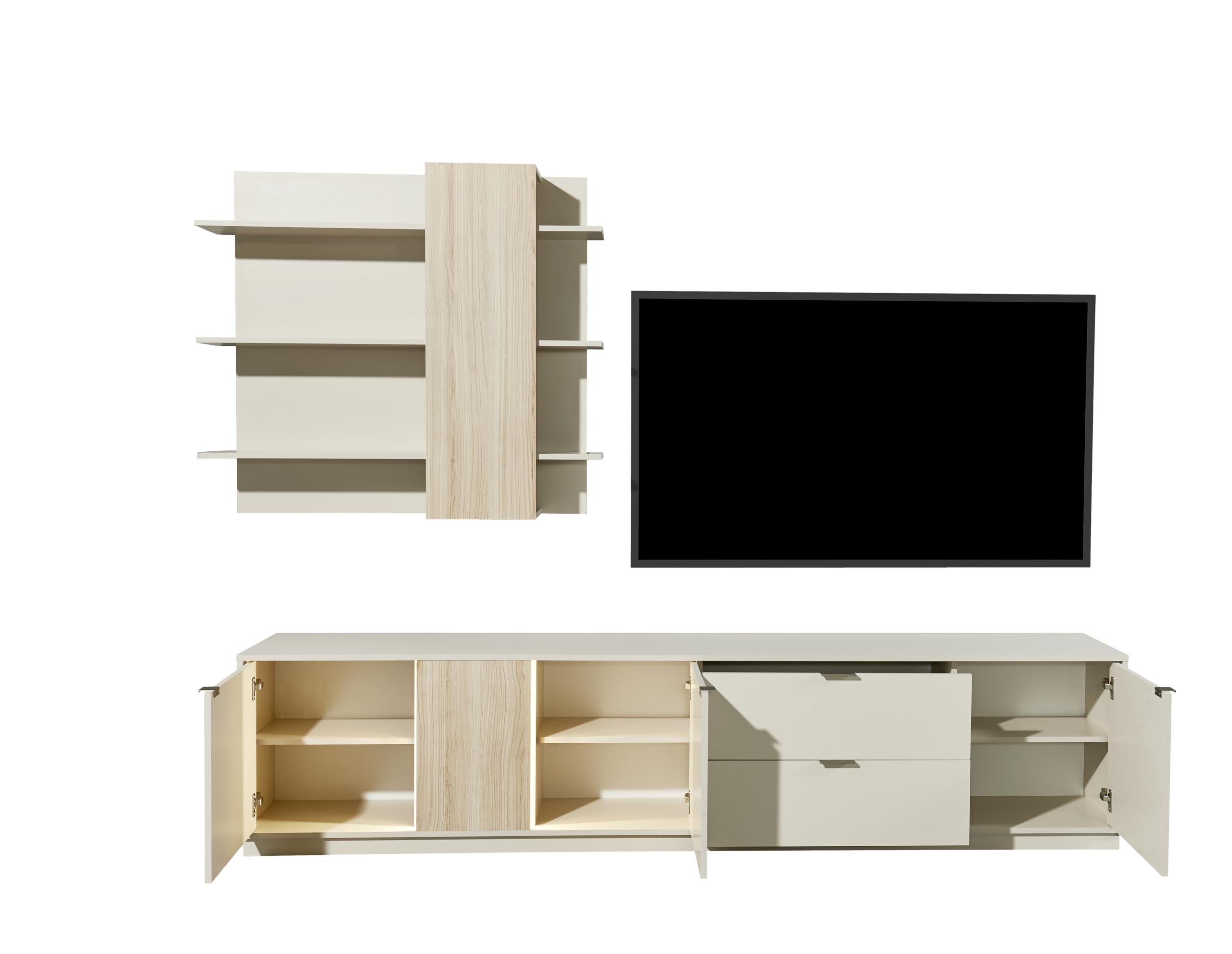AVANTI TRENDSTORE - Ciampino - Parete da soggiorno in laminato cashmere/riva oak, composta da un mobile Tv, scaffale a parete e illuminazione a LED. Dimensioni ca. LAP 238x202x40 cm