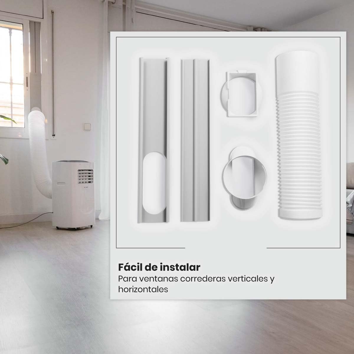 Components of the window installation kit for the portable air conditioner, including adjustable panels and exhaust hose.