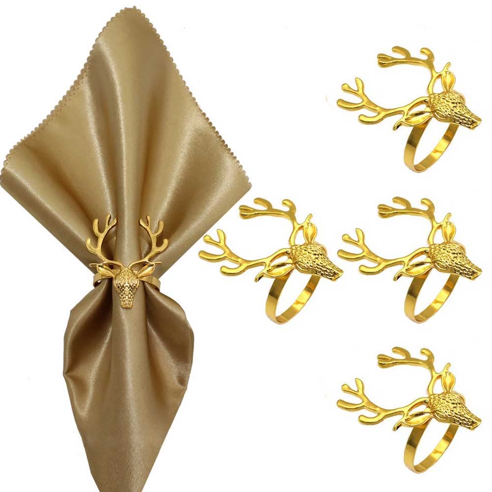 Nt-Ling Gold Christmas Deer Napkin Rings- 4 Pcs Reusable Elk Deer Head Napkin Ring Holder Napkin Buckle For Table Decor, Wedding, Christmas,Party Dinner, Thanksgiving ( Elk Deer Head)
