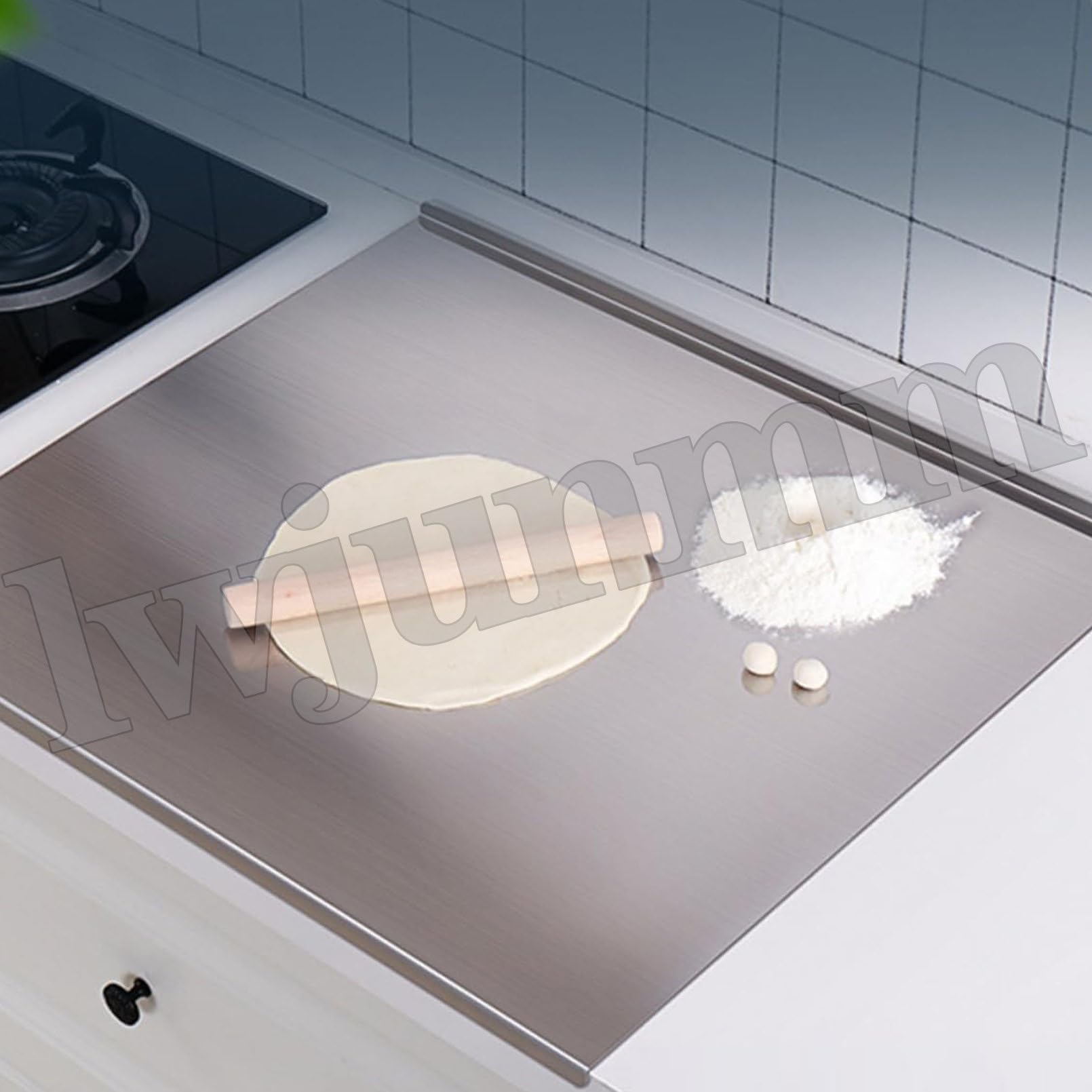Tabla de cortar de acero inoxidable con protección de bordes, incluye rodillo y raspador de repostería para preparación de cocina