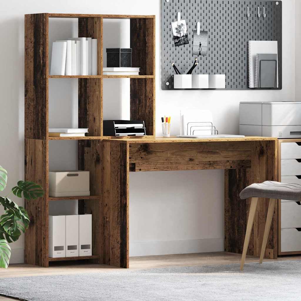 Schreibtisch aus Altholz Design Holzwerkstoff 138,5 x 55 x 143 cm mit 4 Regalen, für PC Laptop Büro Homeoffice Ordnung, Schreibfläche und Stauraum