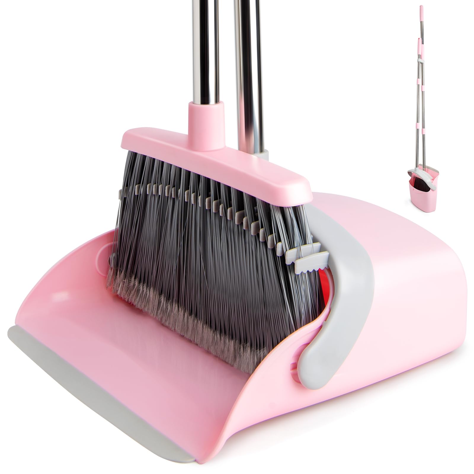 XXFLOWER Long Handle Dustpan and Brush Sets, Broom and Dustpan Set with Comb Teeth, Sweeping Brush Set for Indoor Kitchen Lobby Office Sweeping Pet Dog Hair, Household Cleaning Supplies(Gray Pink)