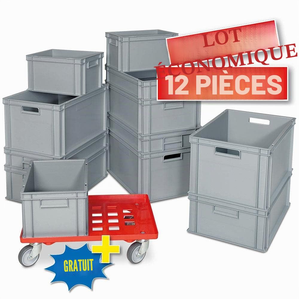 Lot de 12 boîtes empilables grises en 4 tailles + 1 chariot de transport gratuit