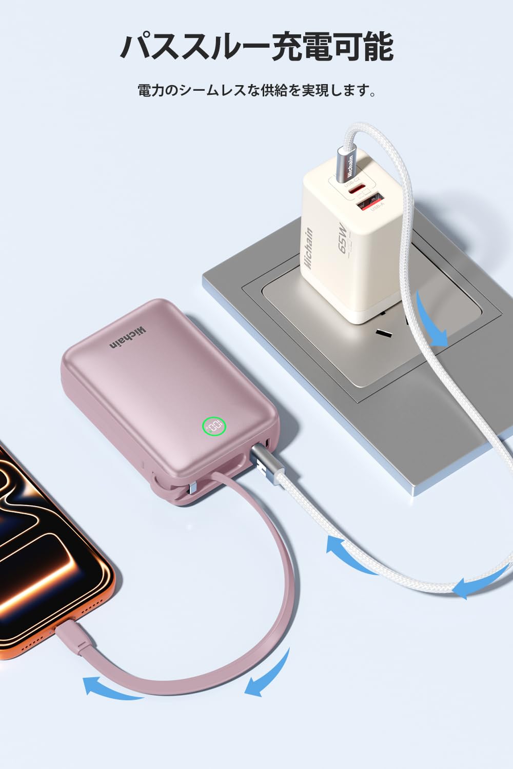 Hichain Chargeur portable 35 W à charge rapide 20 000 mAh, écran LED avec double câbles intégrés et 4 ports de sortie, chargeur de téléphone externe compatible avec iPhone, iPad, appareils Android