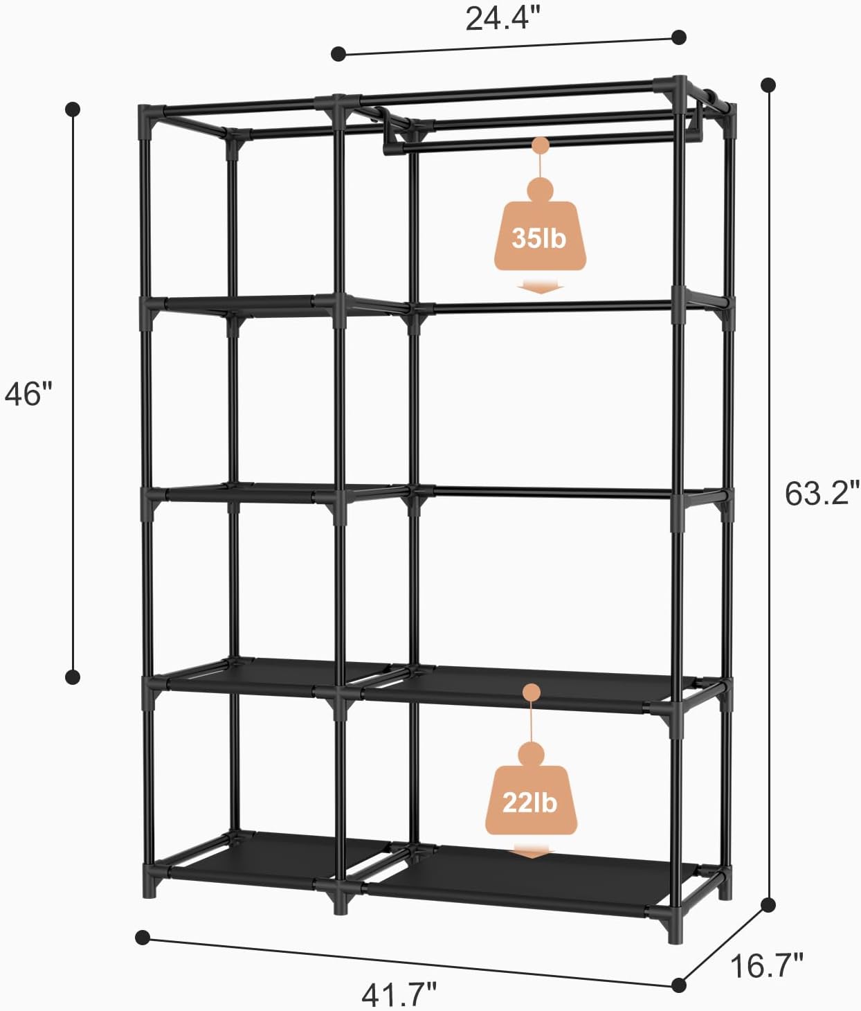 Portable Closets for Hanging Clothes, Wardrobe Closet with Hanging Rod and Clothing Storage Shelves, 8 Side Pockets, Free Standing Clothes Rack with Cover, for Bedroom and Dorm, Black