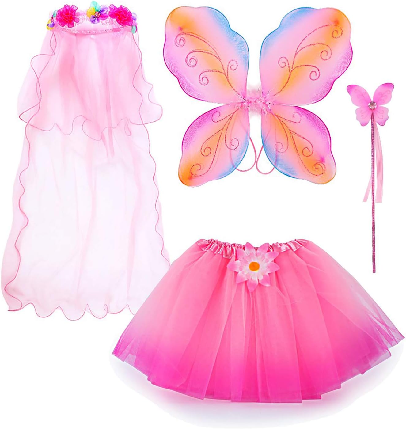 Fairy Costume, Sinuo Costume Set With Wings,Tutu,Wand and Veil Princess Set Fit Girls Age 3-8(Pink)
