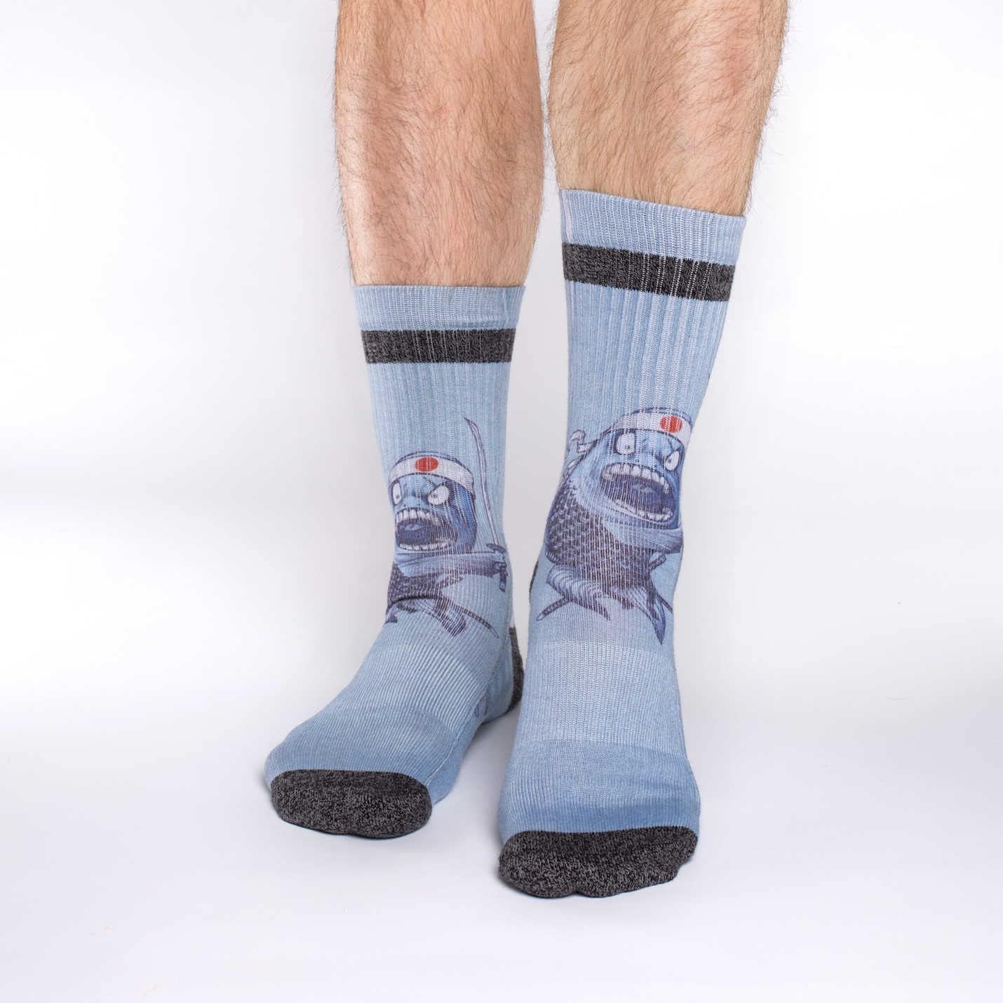 Good Luck Sock Men's Samurai Sushi Fish Crew Socks, Shoe size 8-13, Blue - Image 2
