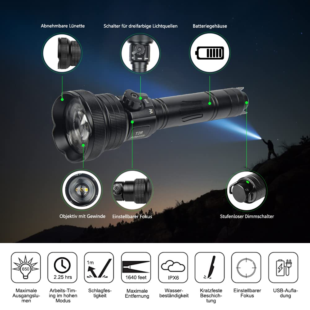 Brinyte Lampe de poche LED T28-IR, 3 couleurs en un (IR940, IR850, blanc), lampe de poche tactique avec variateur en continu, lampe à main LED avec 1 télécommande lumière