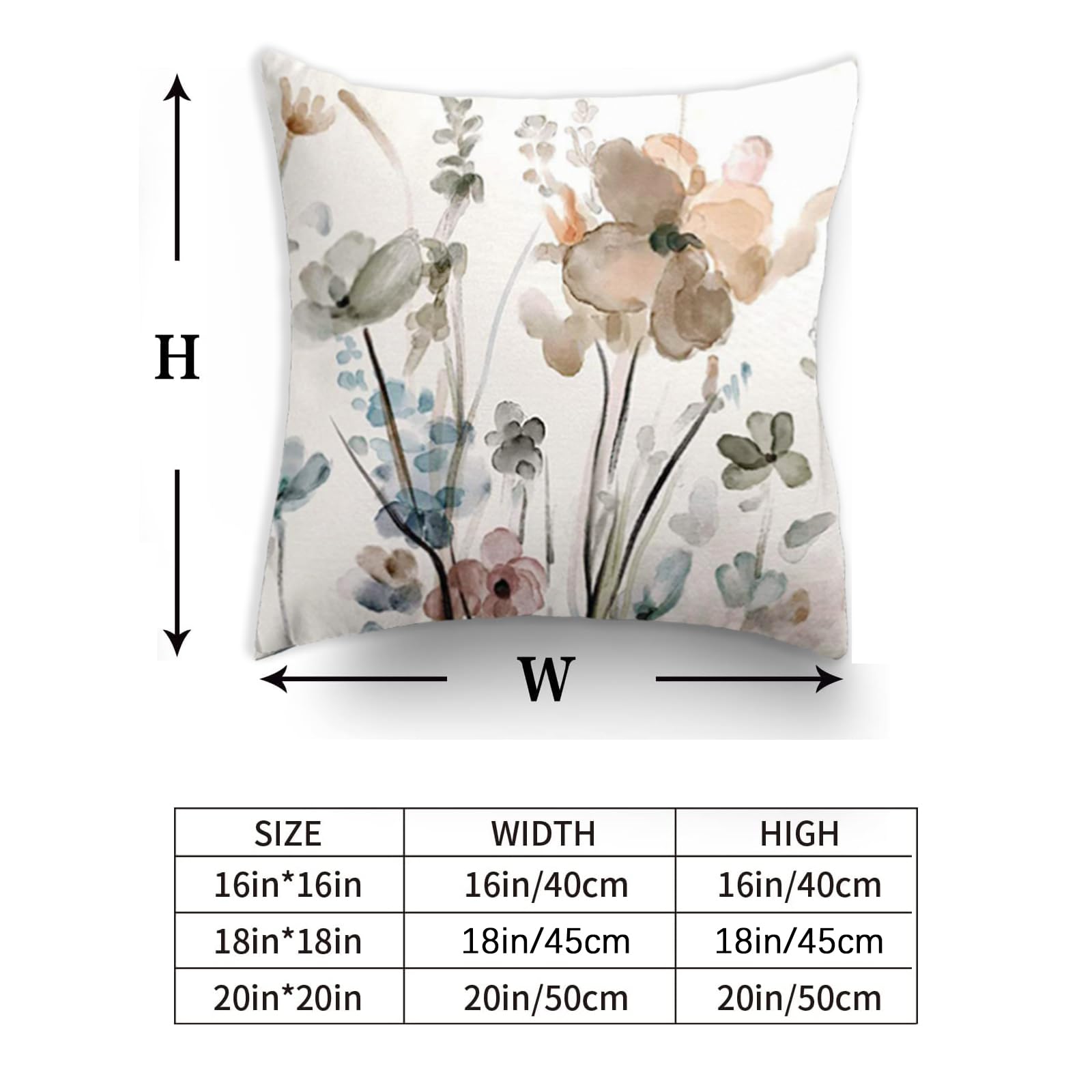 Juego de 2 fundas de almohada florales de 18 x 18 pulgadas, fundas de cojín con diseño de flores de acuarela verde azulado, marrón, crema y gris, fundas decorativas modernas abstractas para 3
