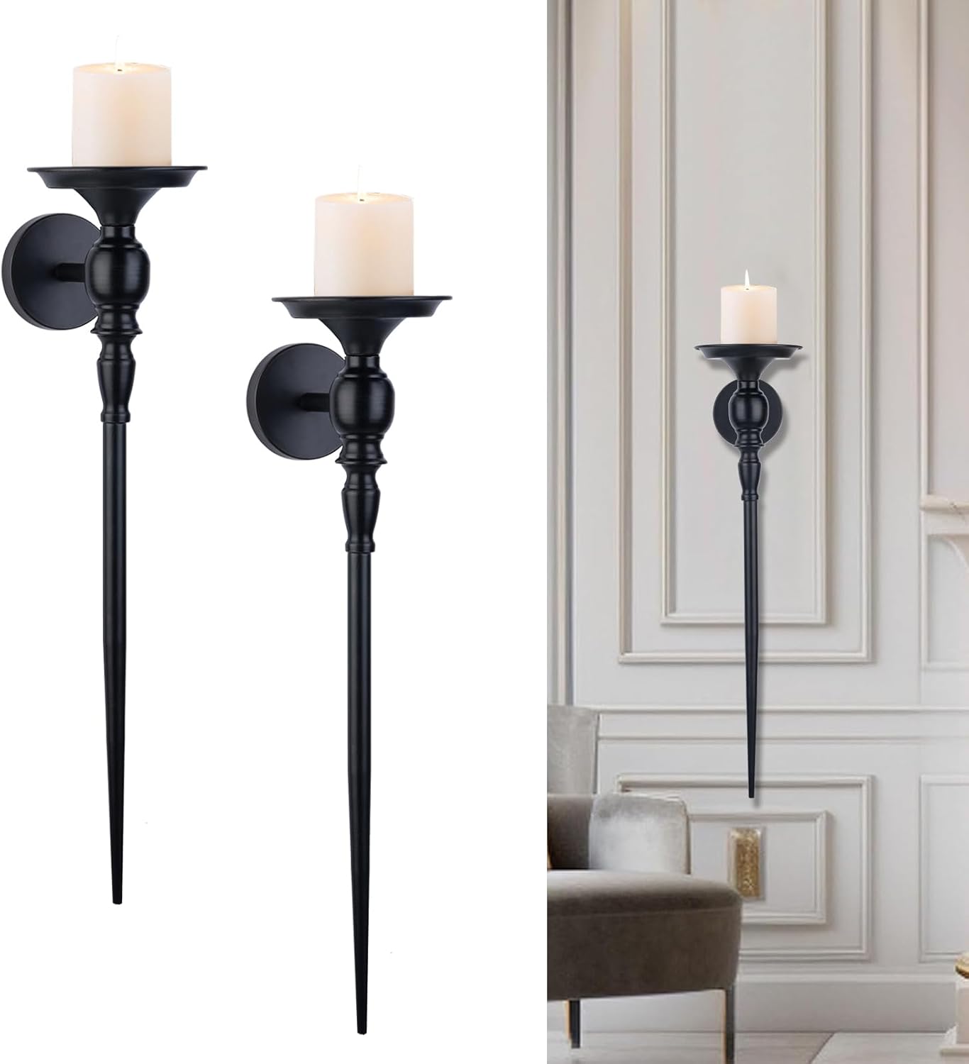 Wall Sconce Candle Holder Set of 2, Large Black Scepter Design Metal Wall Candle Holder, Home Wall Decoration for Living Room, Bathroom, Dining Room