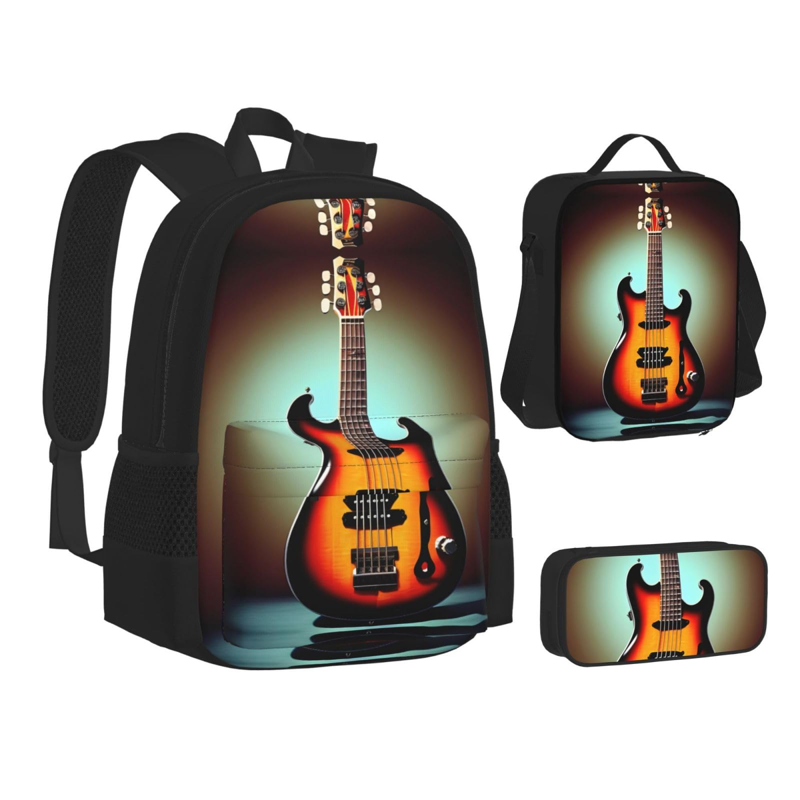 DRTGEDS Guitar Bass Music Musical Instrument Backpack 3 In 1 Set Casual Backpack With Lunch Box Pencil Bag Water Resistant