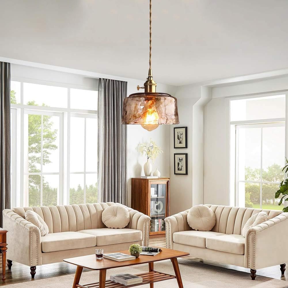 LYMSXAZOU 6.7-Inch Amber Glass Chandelier Pendant Light for Kitchen Island - Adjustable Hanging Fixture Dining Room, Living Bedroom, Coffee Shop, Aisle, Corridor