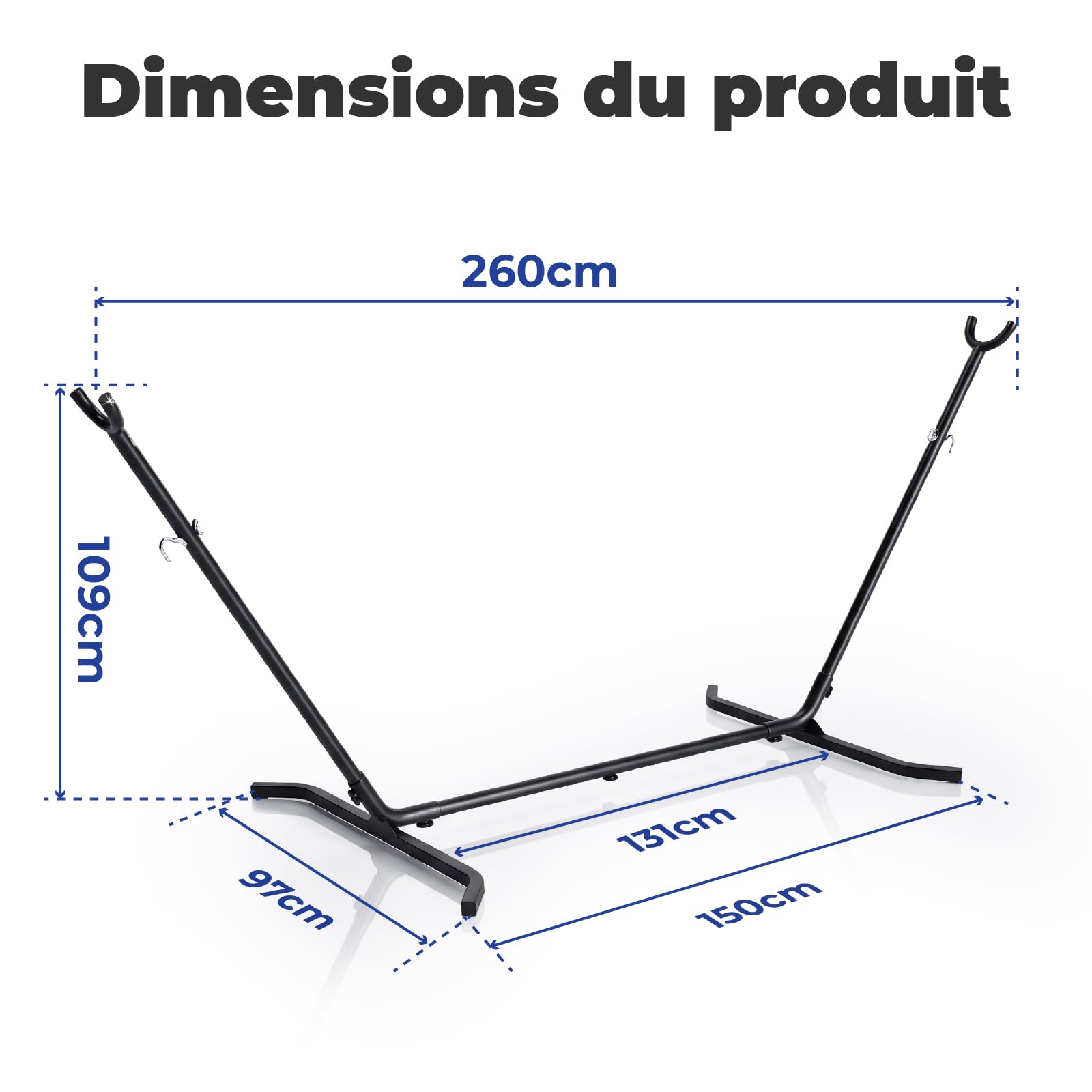 Support hamac Exterieur, Base en Tubes carrés améliorée pour Une stabilité Accrue, Hauteur réglable Il Existe 6 Niveaux de Hauteur réglables, 260L x 97B x 109H cm