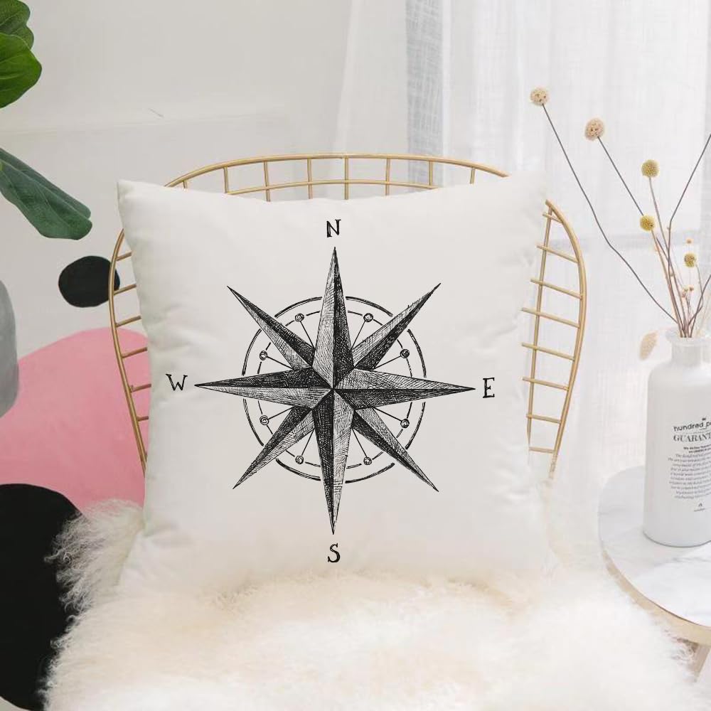 HYMSXW Cushion Cover,Throw Pillow Case Home Decorative for Living Room Bedroom Sofa Chair 20X20 Inch,Compass, Seamanship Windrose Hand Drawn with Complete North South Ov,Pillowcase 50X50cm
