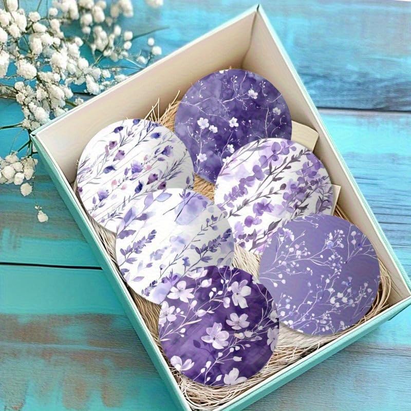 Image of Set of 6, 3.94X3.94 Inches, Spring Purple Floral Themed Wooden Coasters, Spring Purple Flower Art Coasters, for Friends and Family for Patio Tables, Kitchens Living Rooms