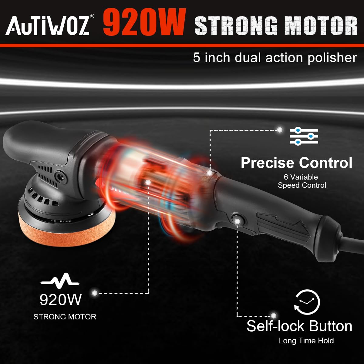 Pulidora Orbital,AUTIWOZ 920W Pulidora Coches, Juego de Pulidora Excéntrica,125mm Almohadilla de Pulido,Mango en D y Mango Lateral,6 Velocidades, 2800-5800RPM, Pule Coches, Barcos y Motos.
