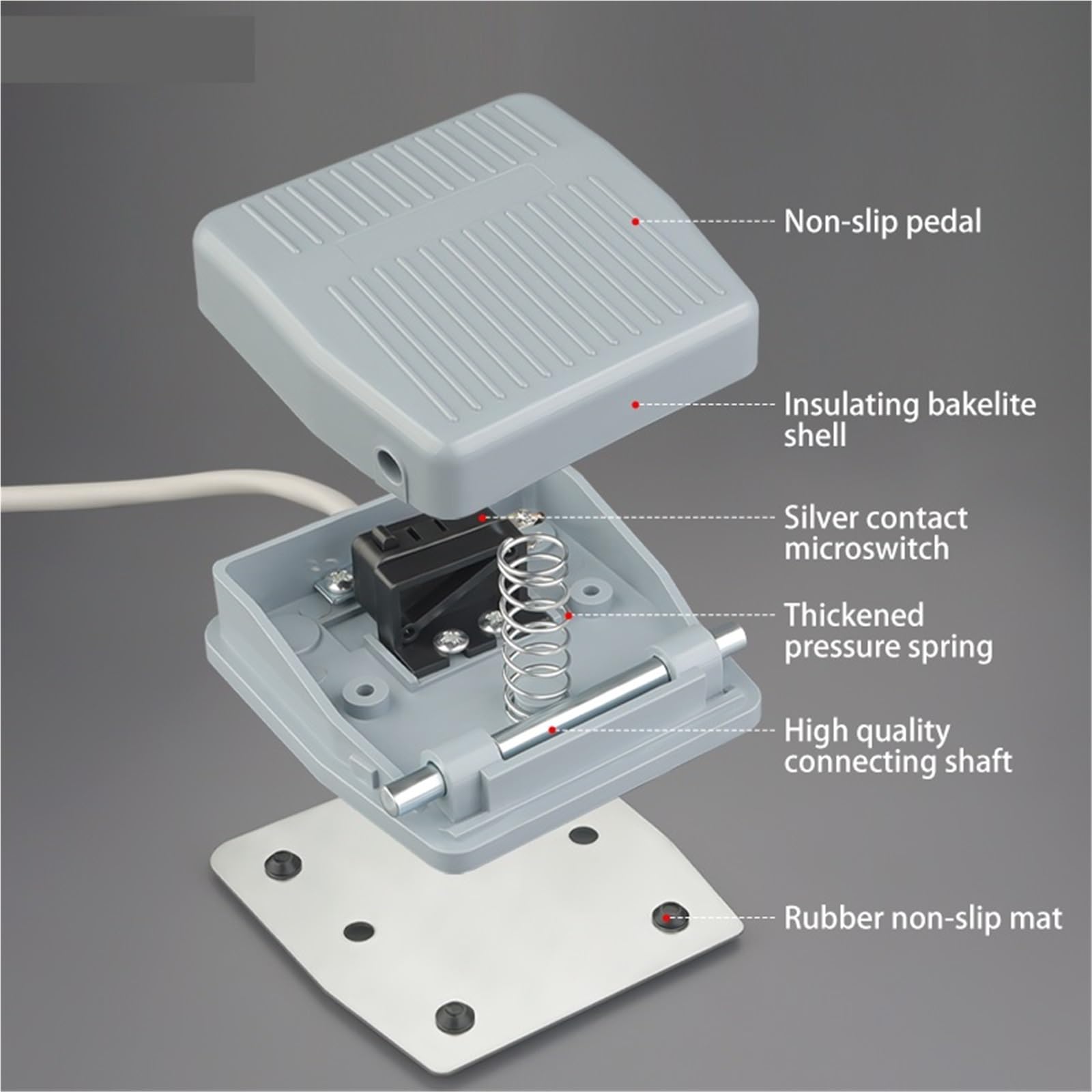 Interruptor de pie Interruptor de Pedal TFS-201, metálico, momentáneo, con reinicio automático, con Cable, 20 cm/2 Metros, 220 V, 10 A, 1 Unidad