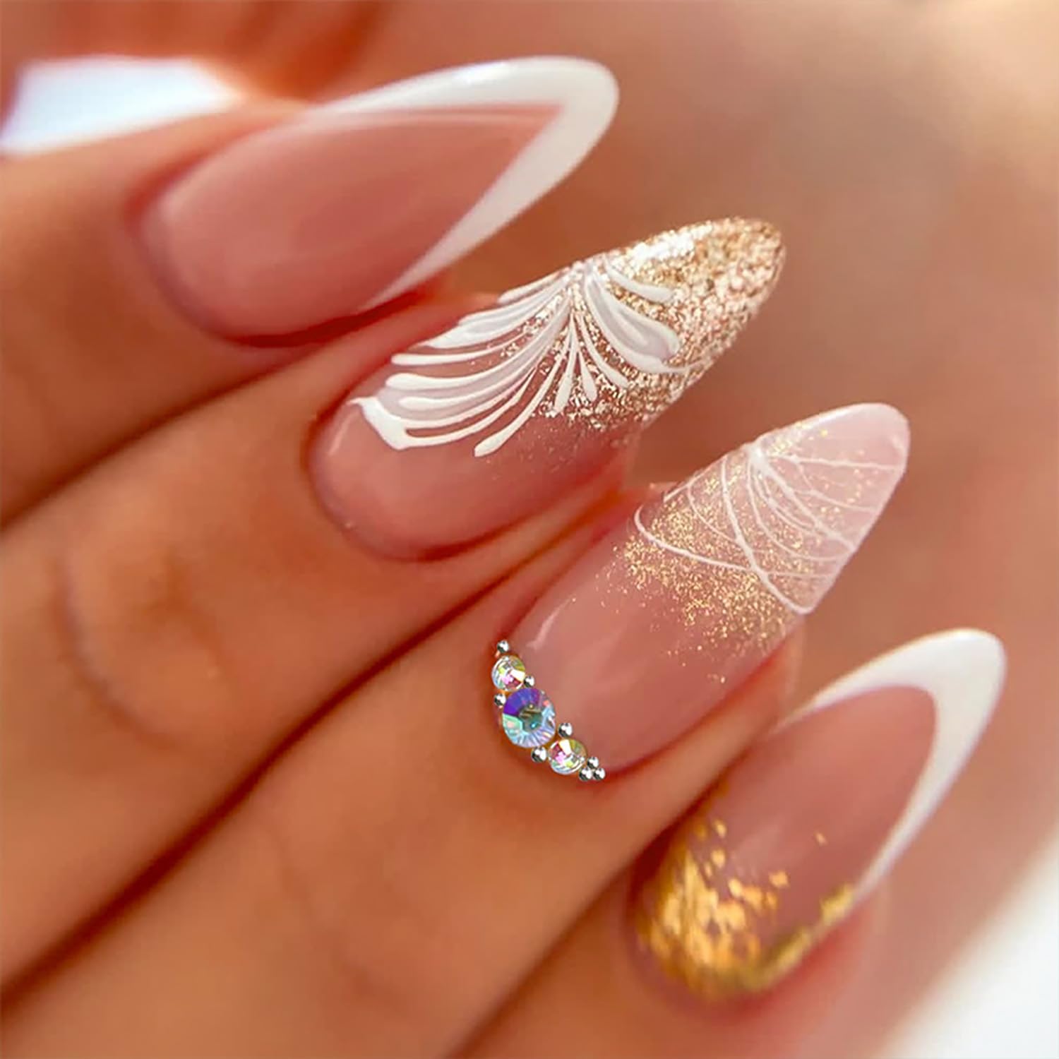 24Pcs Almond Press on Nails Medium French Tip Fake Nails White Nail Tips with Rhinestones Design Gold Glitter False Nails Nude Stick on Nails Flower