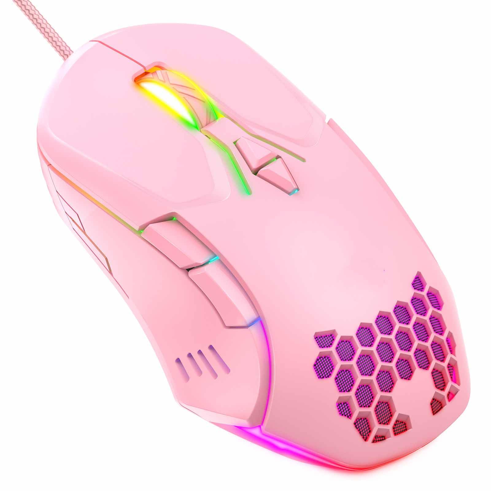 JUSHZ Souris Optique Ergonomique Filaire Gaming Programmables Défilement Tactile Molette 4 Directions Portable Programmation De Macros 7 Boutons (12.5x7.6x4.1cm,Pink 1)