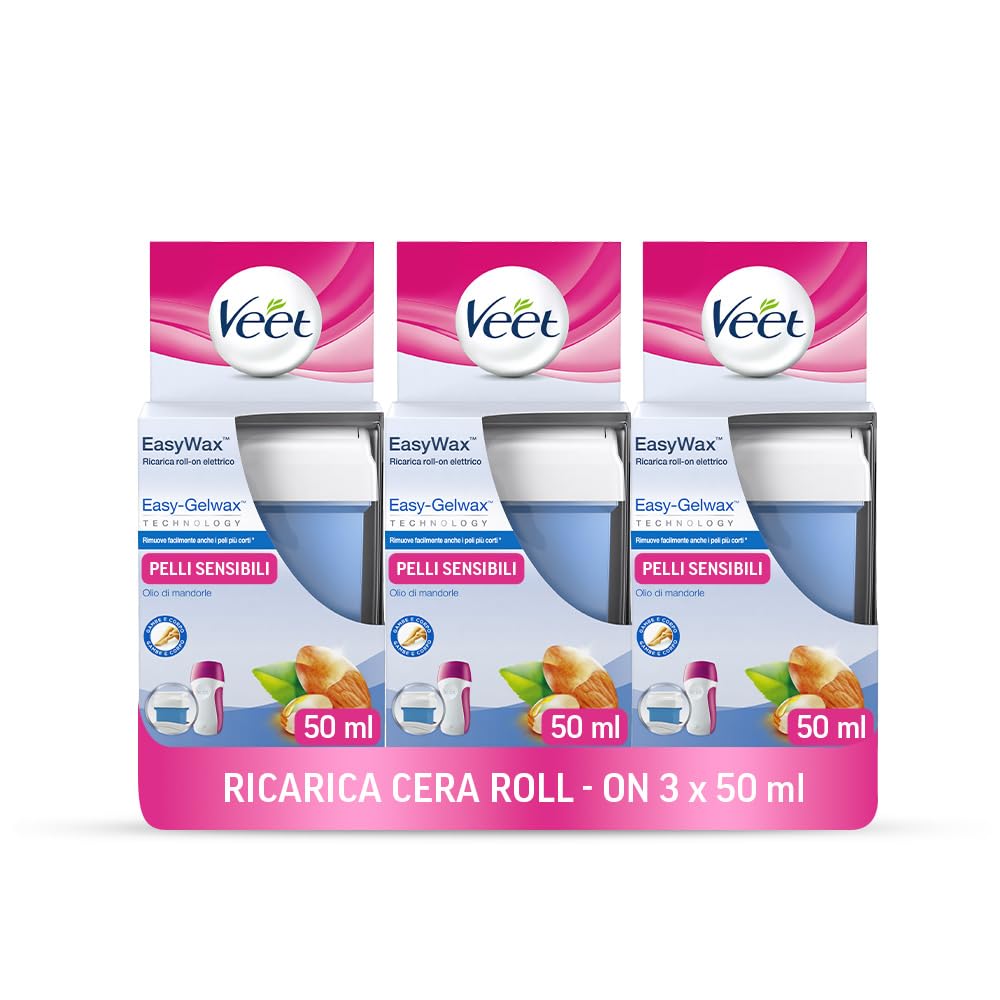 3x Veet EasyWax Roll-On Gambe e Corpo per Pelli Sensibili con Olio di Mandorle Idratante Ricarica per Scaldacera Elettrico Easy Wax - 3 Ricariche da 50ml