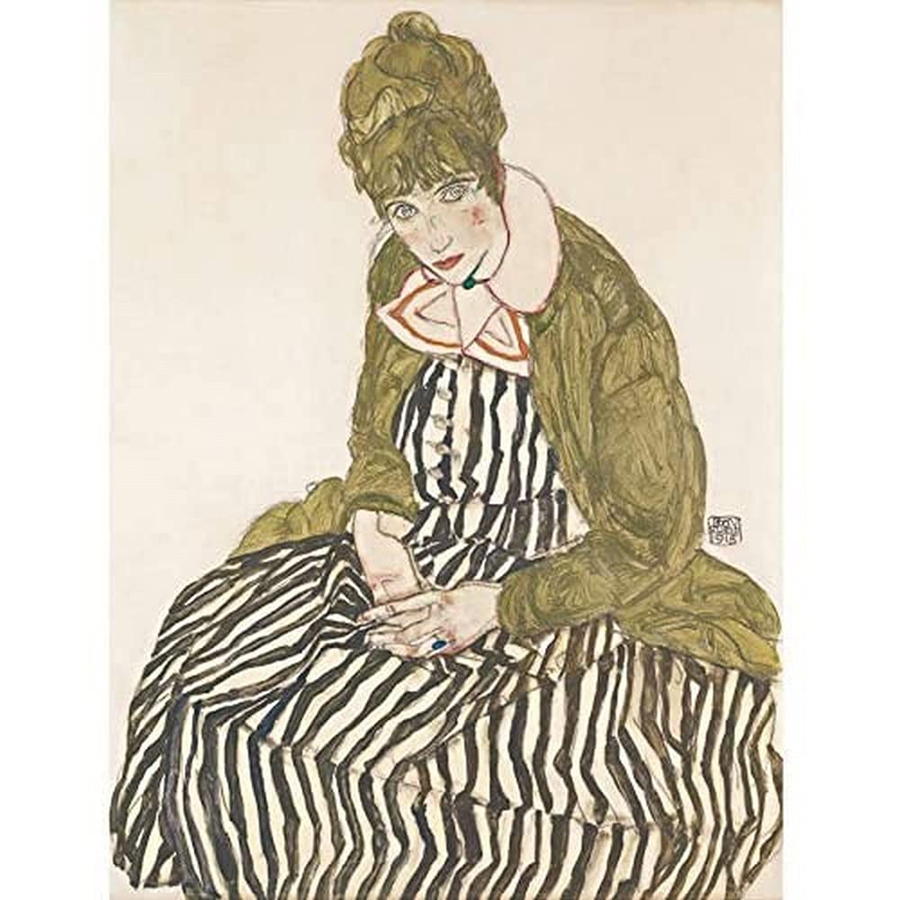 Egon Schiele Edith mit gestreiftem Kleid, Kunstdruck auf Leinwand, Premium-Wanddekoration, Poster