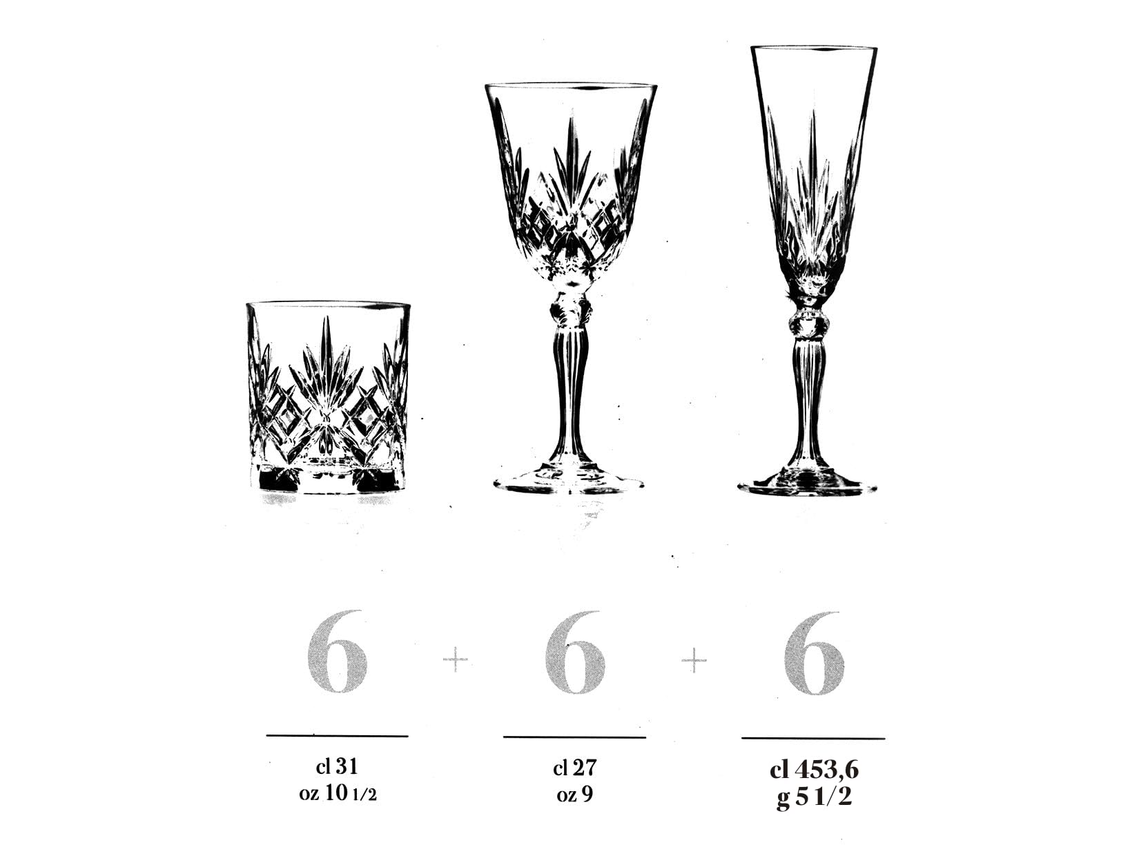 Rcr 735112 12 copas y 6 vasos, cristal, transparente, 270 ml