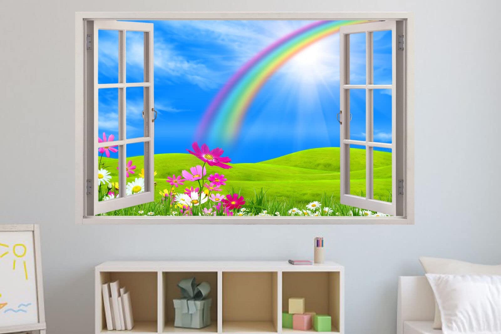 Wanddeko Regenbogen Auf Blumenfeld Blauer Himmel 3D Wandaufkleber Raum Dekoration Aufkleber Wandgemälde 80x120cm