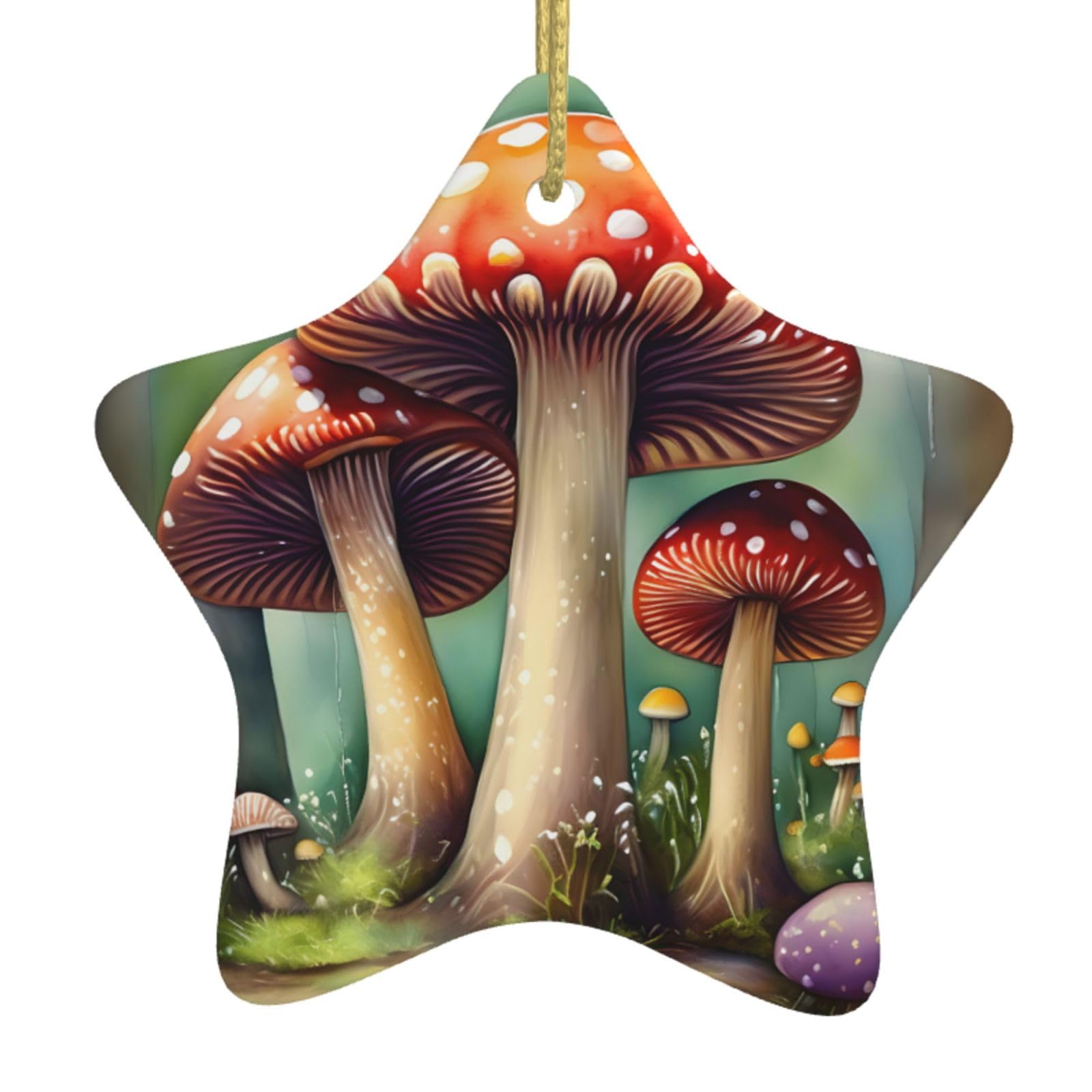 Japanese Painting Mushroom Print Christmas Ornaments, Ceramic Hanging Ornament, Round Shape Decorations